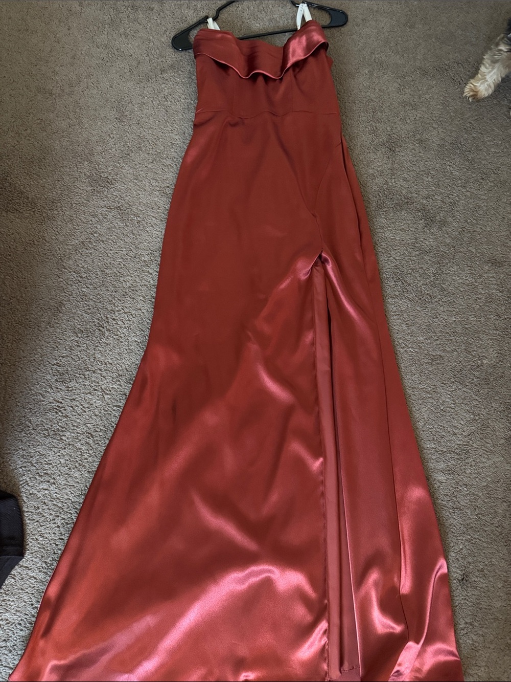 Azazie Rust Satin Strapless Ruffled Gown